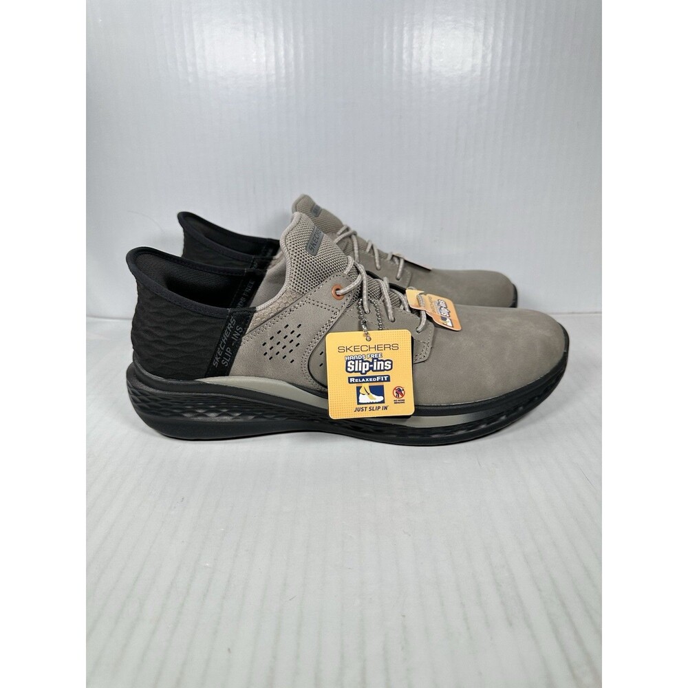 Size 9.5 Skechers Men's Slip-Ins Gray Cement Black Relaxed Fit Slade-Macklin NEW